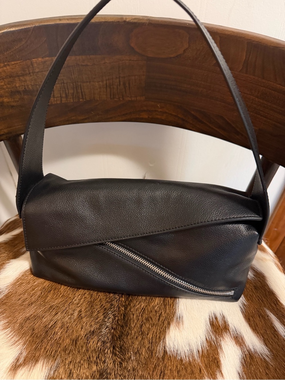 Walter Baker Black Pebbled Leather Diagonal-Zip Shoulder Bag